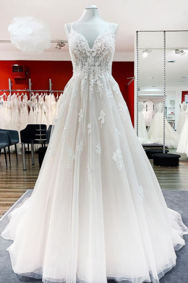 Spaghetti Straps Tulle V Neck Ivory Ruffles Wedding Dresses With Lace (ZD17536) - VelvetHem