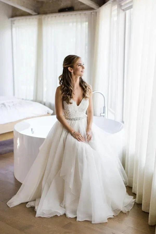 Spaghetti Straps V-neck A-line Wedding Dress with Crystals Belt (ZD16258) - VelvetHem
