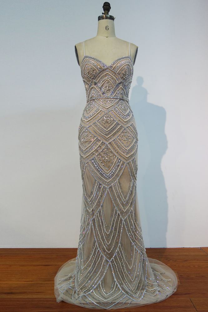 Spaghetti Sweetheart Mermaid Long Sequined Beading Prom Dresses with Pearls and Crystals - VelvetHem