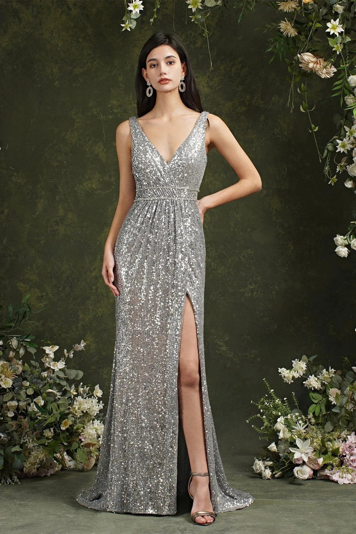 Sparkly Mermaid Wide Straps V-neck Sequins Bridesmaid/Prom Dress With Side Slit (ZD13147)