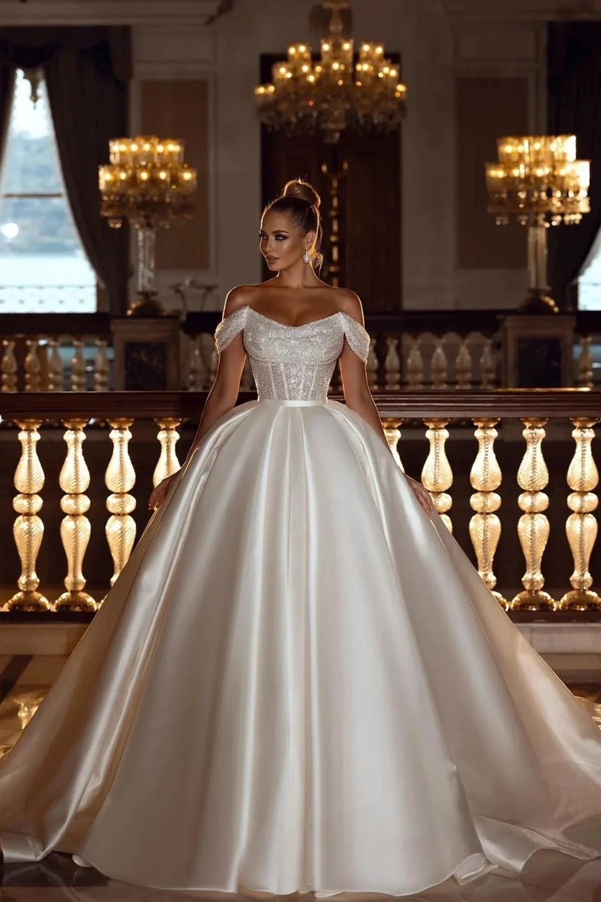 Sparkly Off-the-Shoulder Sequins A-line Bridal Dress with Detachable Sweep Train (ZD16417) - VelvetHem
