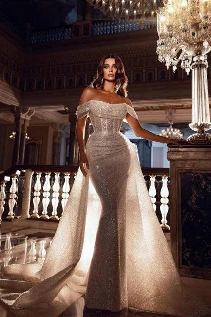 Sparkly Off-the-Shoulder Sequins Mermaid Bridal Dress with Detachable Sweep Train (ZD16393)