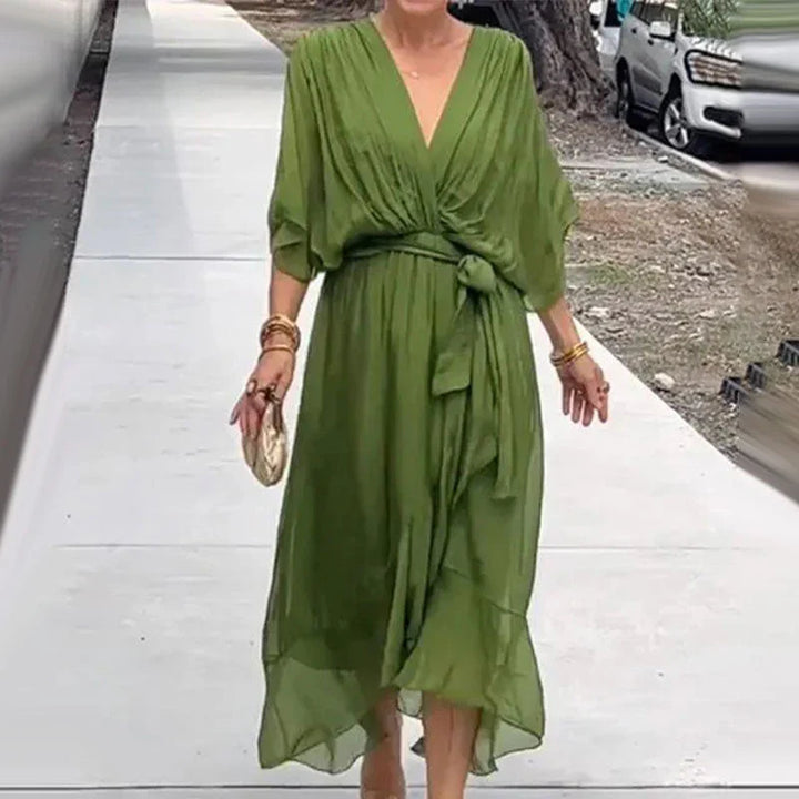 Natasha Minimalist Midi Dress with V Neckline and Loose Sleeves Chic Silhouette Collection