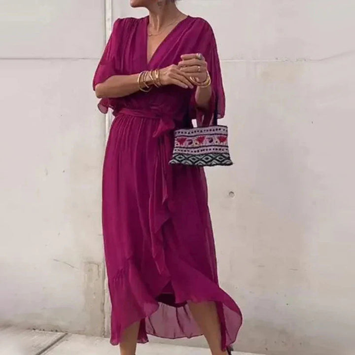 Natasha Minimalist Midi Dress with V Neckline and Loose Sleeves Chic Silhouette Collection