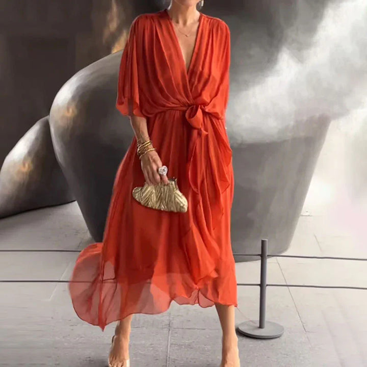 Natasha Minimalist Midi Dress with V Neckline and Loose Sleeves Chic Silhouette Collection