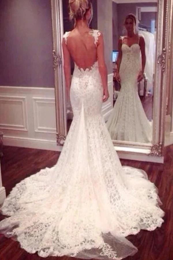Strap Sweetheart Backless Mermaid Lace Wedding Dress Ball Gown (ZD16045)