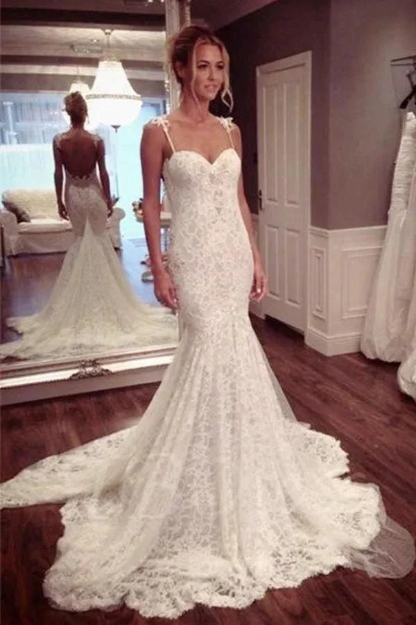 Strap Sweetheart Backless Mermaid Lace Wedding Dress Ball Gown (ZD16045) - VelvetHem