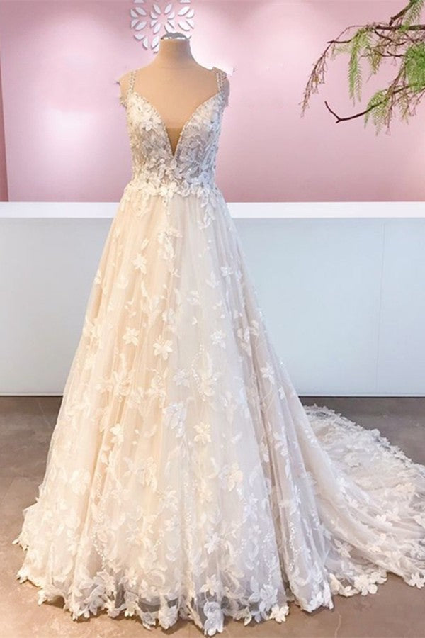 Straps Beadings Wedding Dress V-Neck Bridal Gowns With Appliques (ZD17501)
