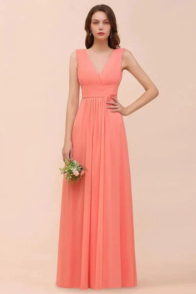 Straps V-Neck Floor Length Bridesmaid Dress Wedding Party Dress (ZD12999) - VelvetHem