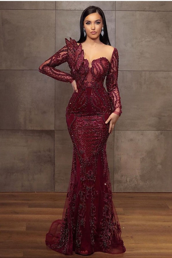 Stunning Burgundy Long Mermaid Sweetheart Lace Tulle Formal Evening Dresses - VelvetHem