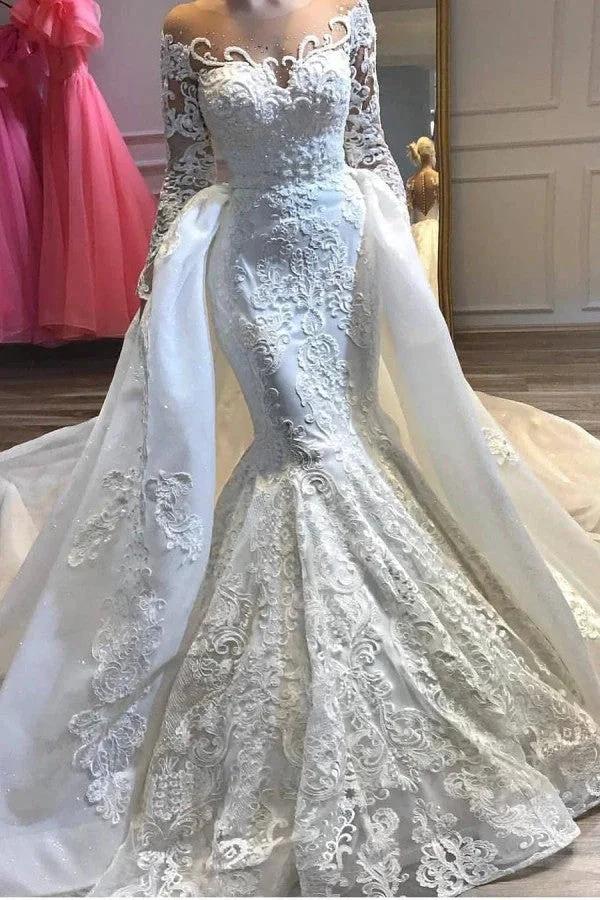 Stunning Crew Neck s Mermaid Wedding Bridal Wears with Detachable Train (ZD13809) - VelvetHem