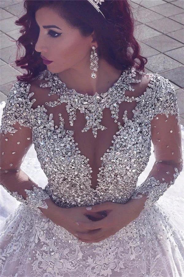 Stunning Gorgeous Muslim Crystal Beading Sheer Lace Wedding Dress (ZD13842) - VelvetHem