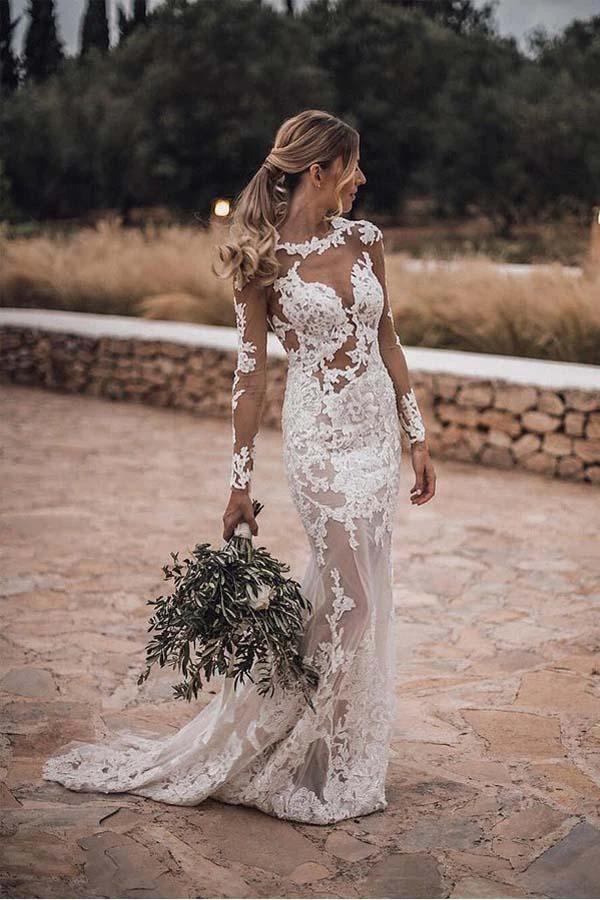 Stunning Lace Appliques See Though Mermaid Rustic Wedding with Sleeves (ZD16009) - VelvetHem