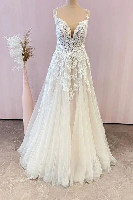 Stunning Long A-Line Spaghetti Straps Appliques Lace Tulle Wedding Dress (ZD15238) - VelvetHem