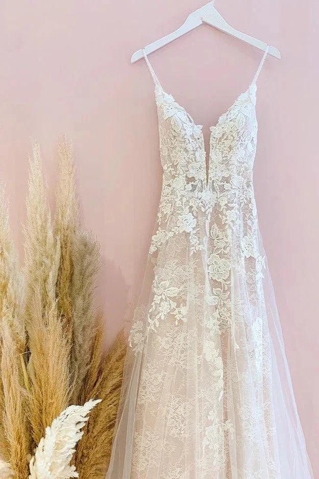Stunning Long A-Line Spaghetti Straps Tulle Lace Wedding Dress (ZD15232)