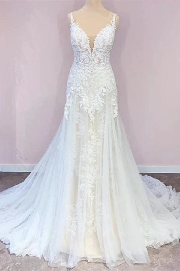Stunning Long A-Line Tulle Sweetheart Appliques Lace Wedding Dress (ZD15237)