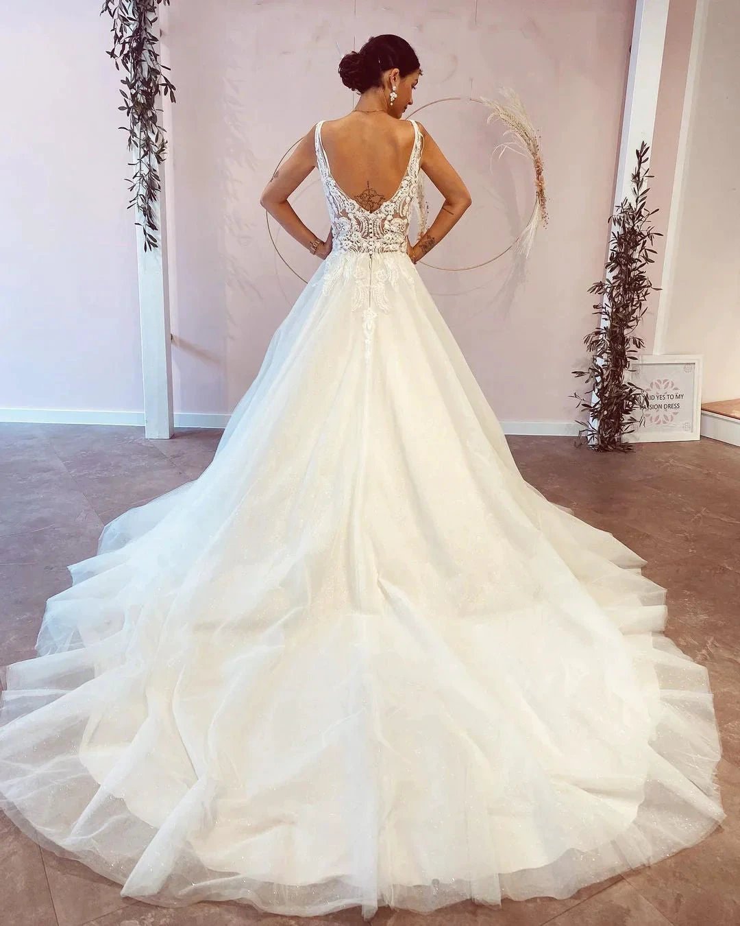 Stunning Long A-Line V-neck Backless Wedding Dress With Appliques Lace (ZD14315)