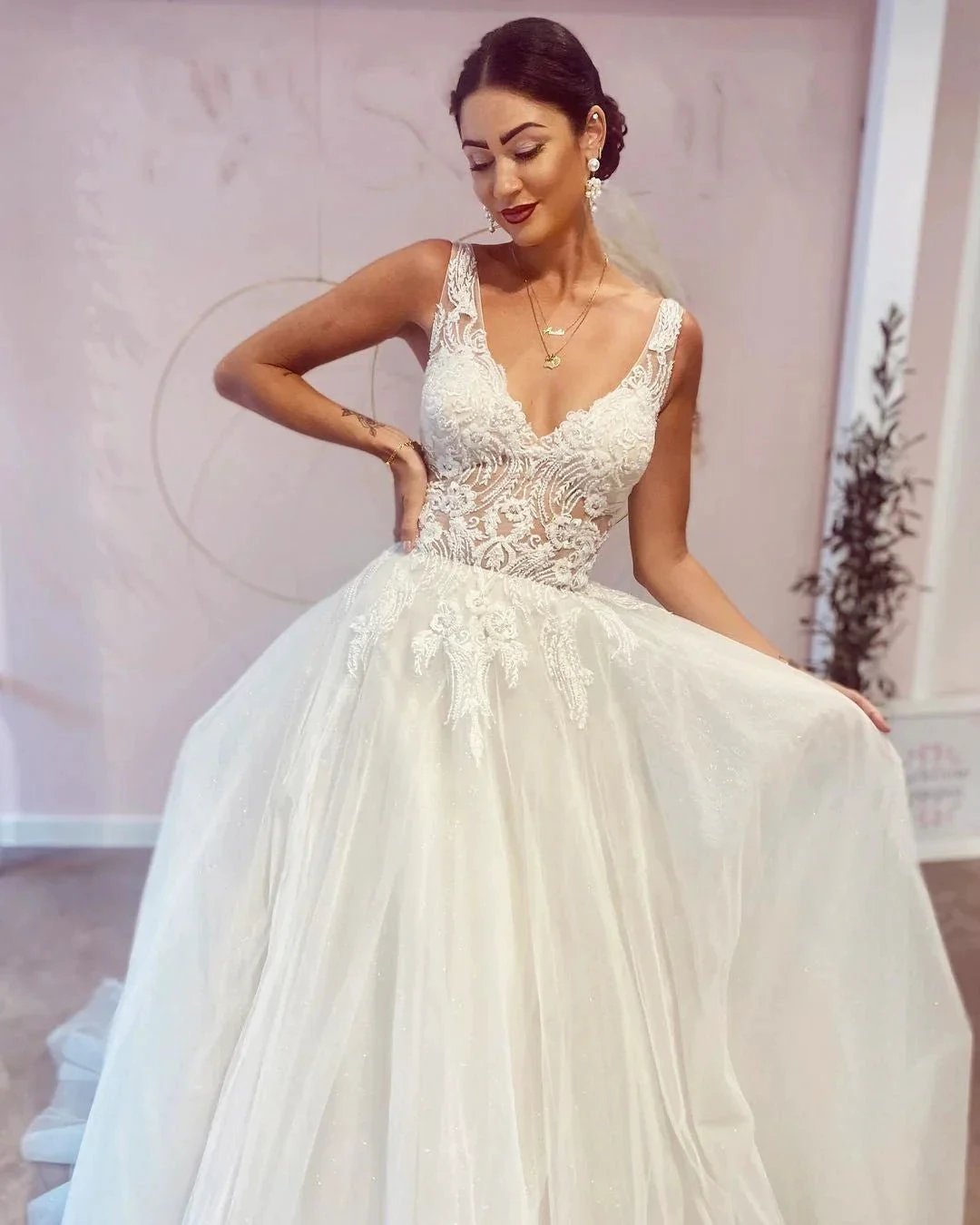 Stunning Long A-Line V-neck Backless Wedding Dress With Appliques Lace (ZD14315)