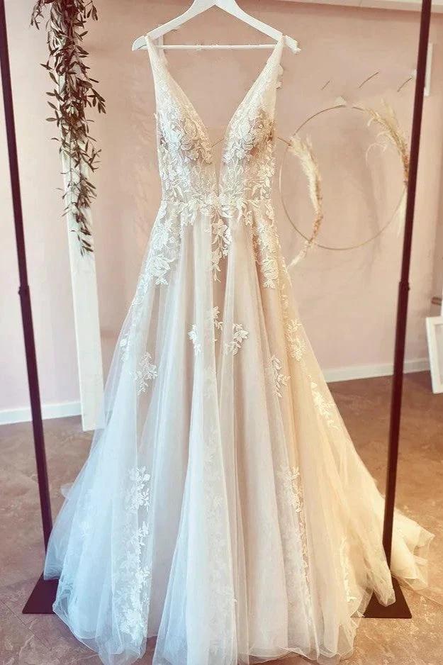 Stunning Long A-Line V-neck Tulle Floral Lace Wedding Dress (ZD15207) - VelvetHem