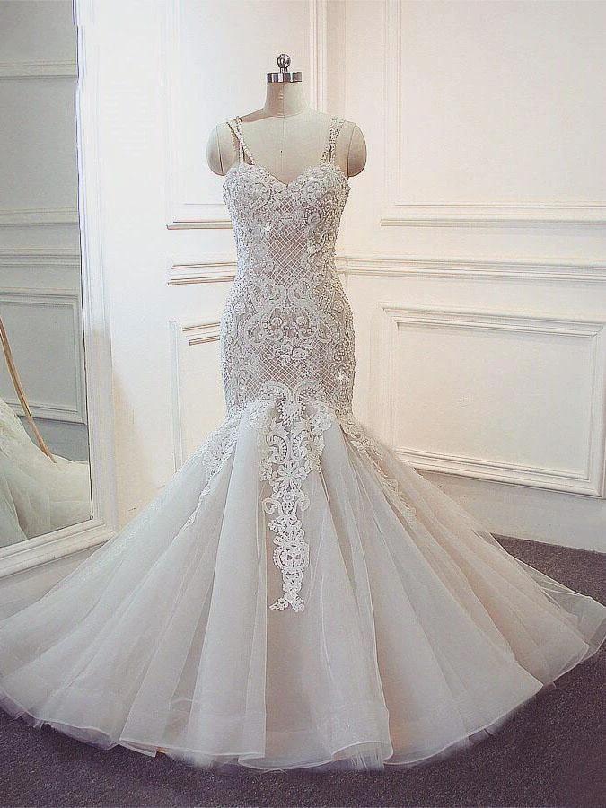 Stunning Long Mermaid Spaghetti Strap Lace Wedding Dresses (ZD15871) - VelvetHem