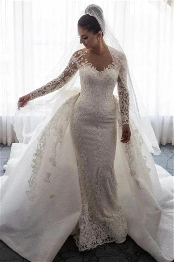 Stunning Mermaid Lace Bowknot Wedding Bride Dress Detachable Overskirt Sleeve Bridal Dress (ZD13800) - VelvetHem