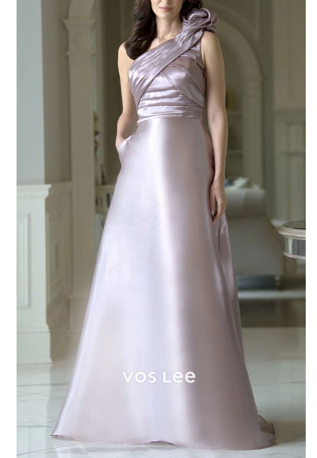 Timeless Ruched One-Shoulder Gown in Light Mint Green