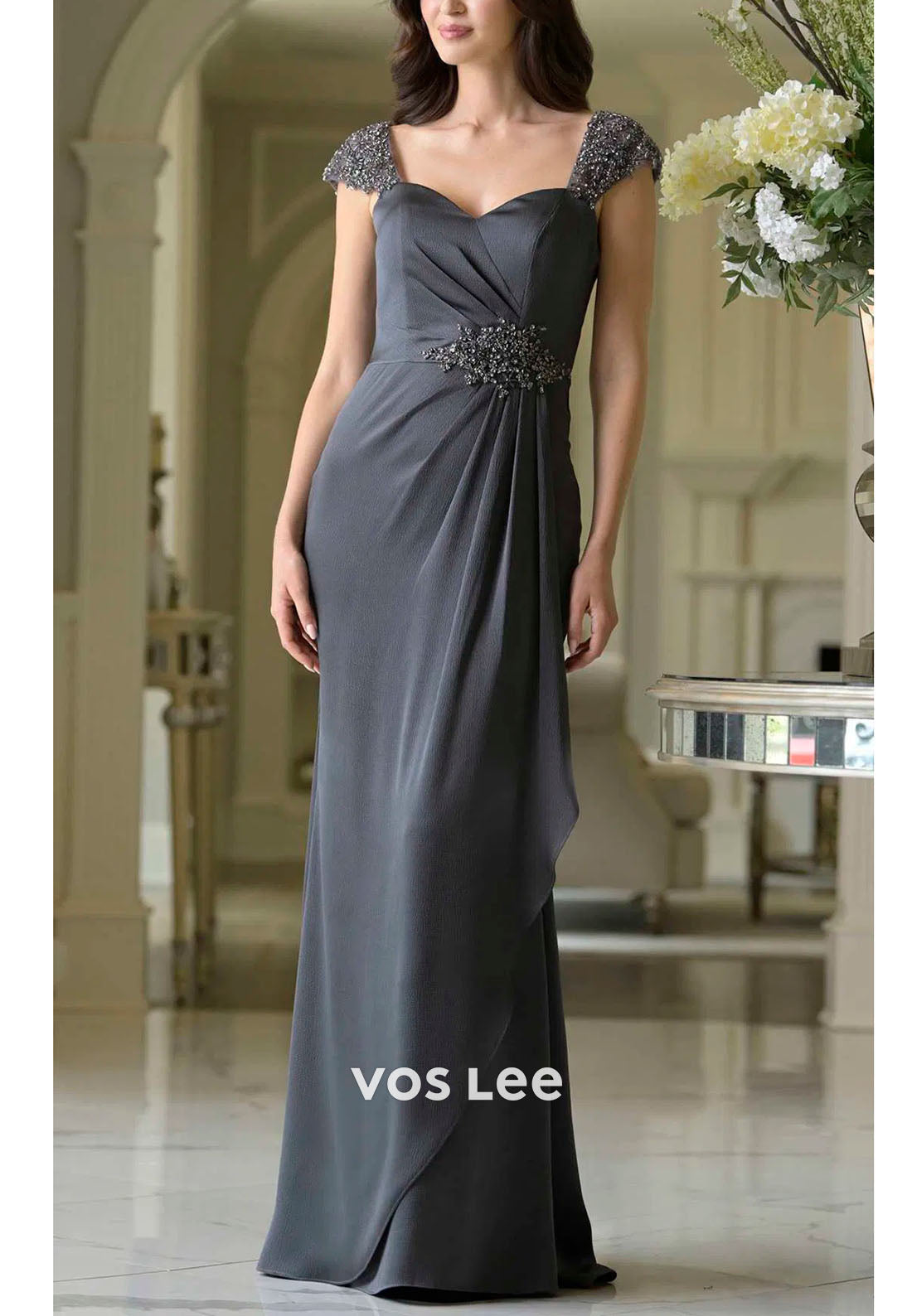 Taupe Formal Dress | Ruched Floor-Length Gown with Beaded Waist for Wedding Guests