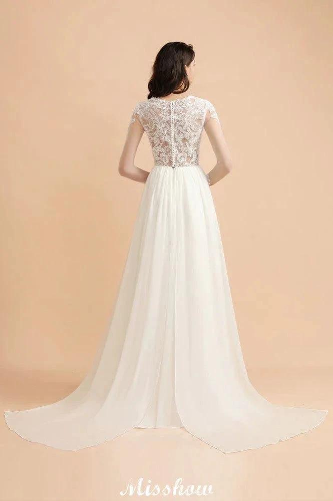Stylish Crew Neck Lace Appliques Wedding Dress Long Sleeve Chiffon Simple Bridal Gown (ZD13988)