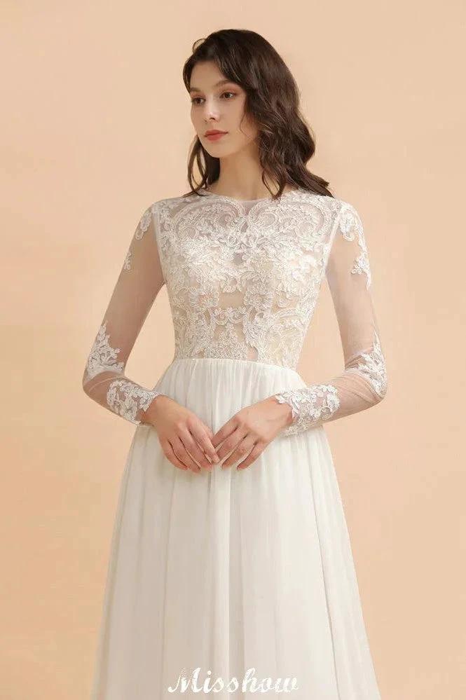 Stylish Crew Neck Lace Appliques Wedding Dress Long Sleeve Chiffon Simple Bridal Gown (ZD13988)