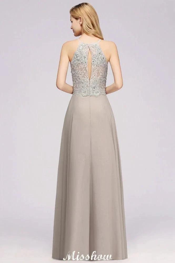 Stylish Floral Appliques Sleeveless Evening Party Gown Aline Silver Chiffon Long Bridesmaid Dress (ZD12887)