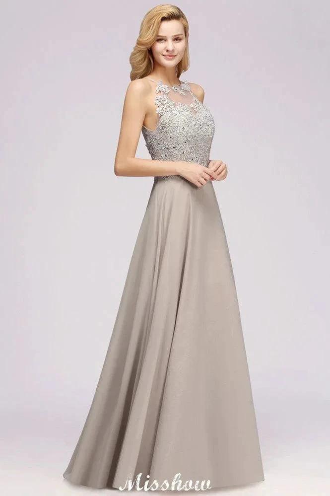 Stylish Floral Appliques Sleeveless Evening Party Gown Aline Silver Chiffon Long Bridesmaid Dress (ZD12887)