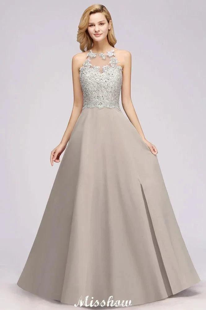 Stylish Floral Appliques Sleeveless Evening Party Gown Aline Silver Chiffon Long Bridesmaid Dress (ZD12887)
