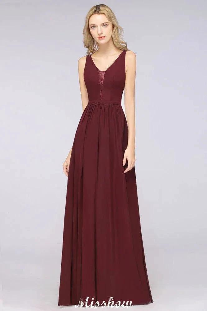 Stylish V-Neck aline Evening Maxi Gown Chiffon Sleeveless Bridesmaid Dress Burgundy (ZD12934)