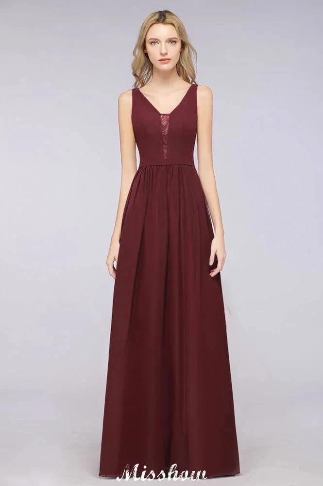 Stylish V-Neck aline Evening Maxi Gown Chiffon Sleeveless Bridesmaid Dress Burgundy by misshow.com