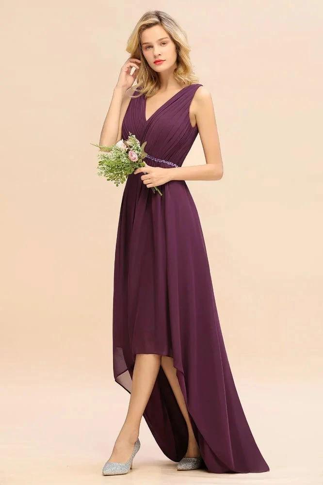 Stylish V-Neck Hi-Lo Party Dress A-line Beads Chiffon Bridesmaid Dress (ZD12976)