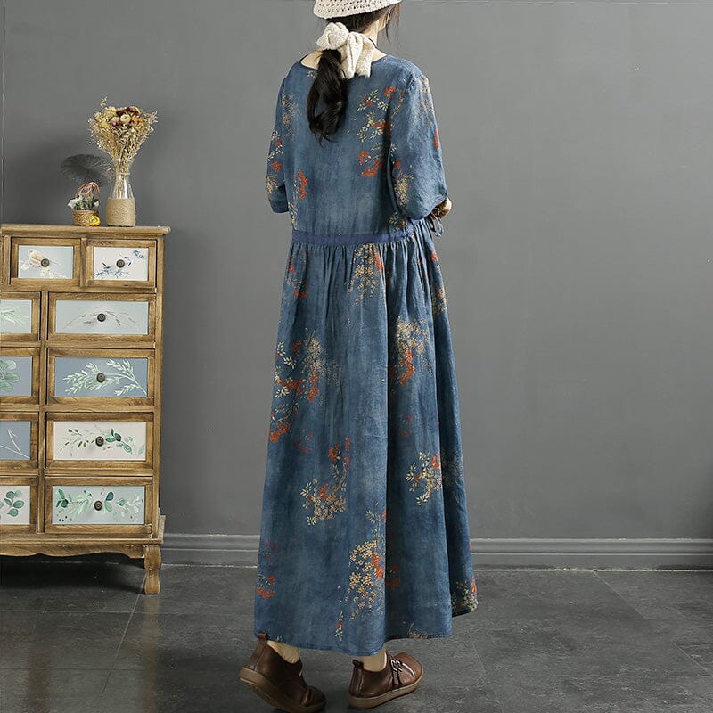 Casual Retro Floral Loose Linen Dress