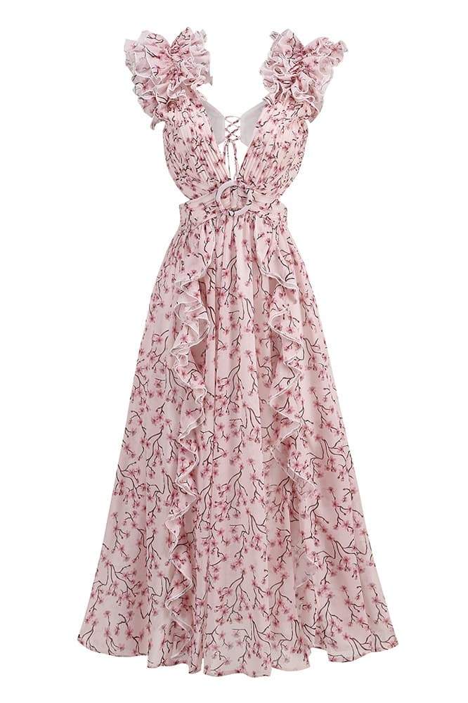 Xenia Minimalist Maxi Dress with Floral Pattern and Cut Outs Statement Occasion Edit