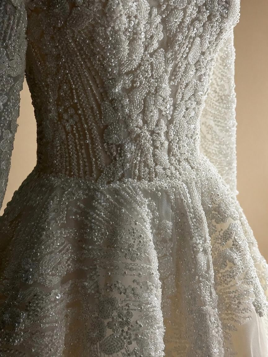 Luxury Sequin Pearl Long Sleeve Ball Gown Wedding Dress