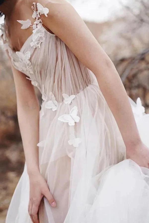 Sweet A-line V Neck Open Back Tulle Ivory Wedding Dresses with Appliques (ZD15297) - VelvetHem