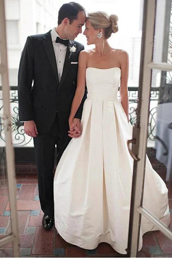 Sweetheart Court Train Ivory Satin Wedding Dress with Ruched (ZD16043) - VelvetHem