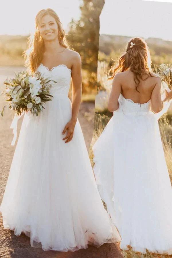 Sweetheart Floor-Length Ivory Wedding Dress with Lace (ZD16281) - VelvetHem