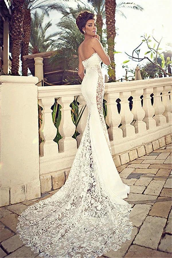 Sweetheart Lace Wedding Dress Mermaid Zipper Sleeveless Bridal Dresses (ZD13849) - VelvetHem