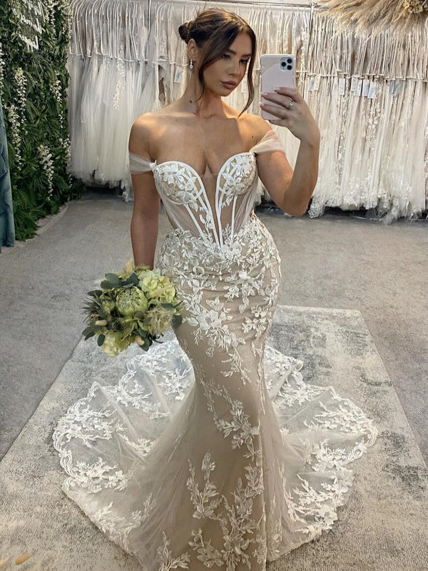 Sexy Off-The-Shoulder Deep V Illusion Corset Mermaid Wedding Dress With Lace Train - VelvetHem
