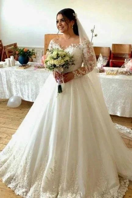 Sweetheart Long-Sleeve A-Line Tulle Wedding Dresses with Lace (ZD14657) - VelvetHem