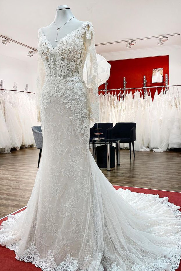 Sweetheart Long Sleeves Tulle Ivory Mermaid Wedding Dresses (ZD17499)