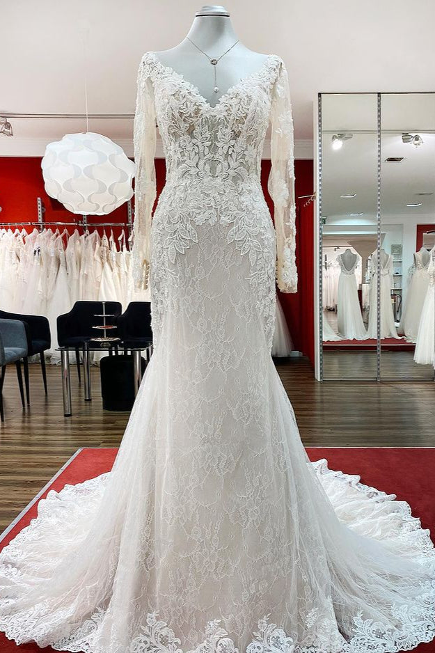 Sweetheart Long Sleeves Tulle Ivory Mermaid Wedding Dresses (ZD17499) - VelvetHem
