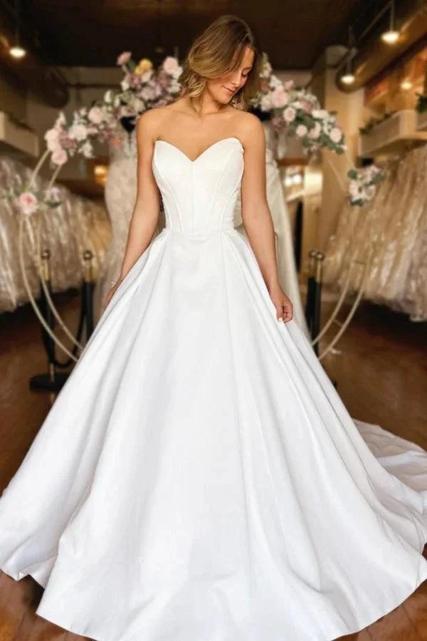 Sweetheart Long White Strapless A-line Satin Wedding Dress with Pockets (ZD15515) - VelvetHem