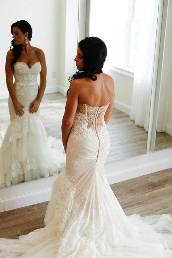 Sweetheart Mermaid Tiered Lace Wedding Dress Ruched with Sweep Train (ZD16299)
