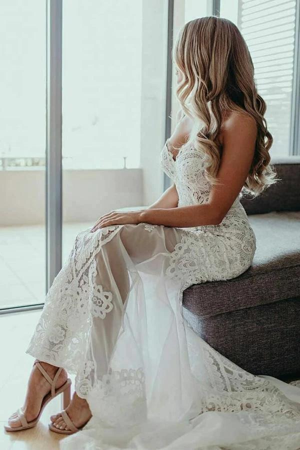 Sweetheart Sheath/Column Lace Appliques Beach Wedding Dress Bridal Dress (ZD15275) - VelvetHem