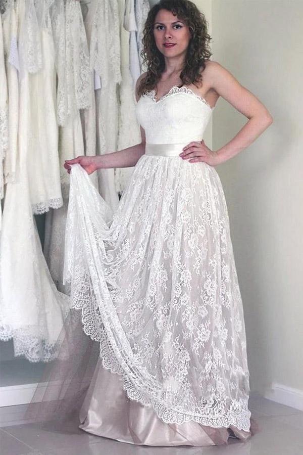 Sweetheart Sleeveless Long White Wedding Dress with Lace (ZD15422)